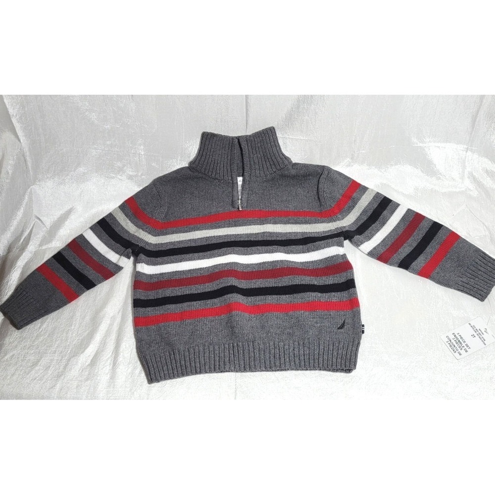 Nautica Toddler Sweater - Gray w/ Red, White, Black Stripes - Size 2T